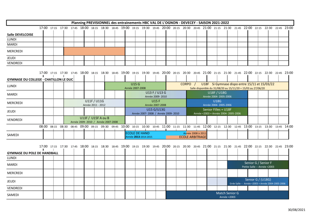planning entrainement HBCVO 2021-2022